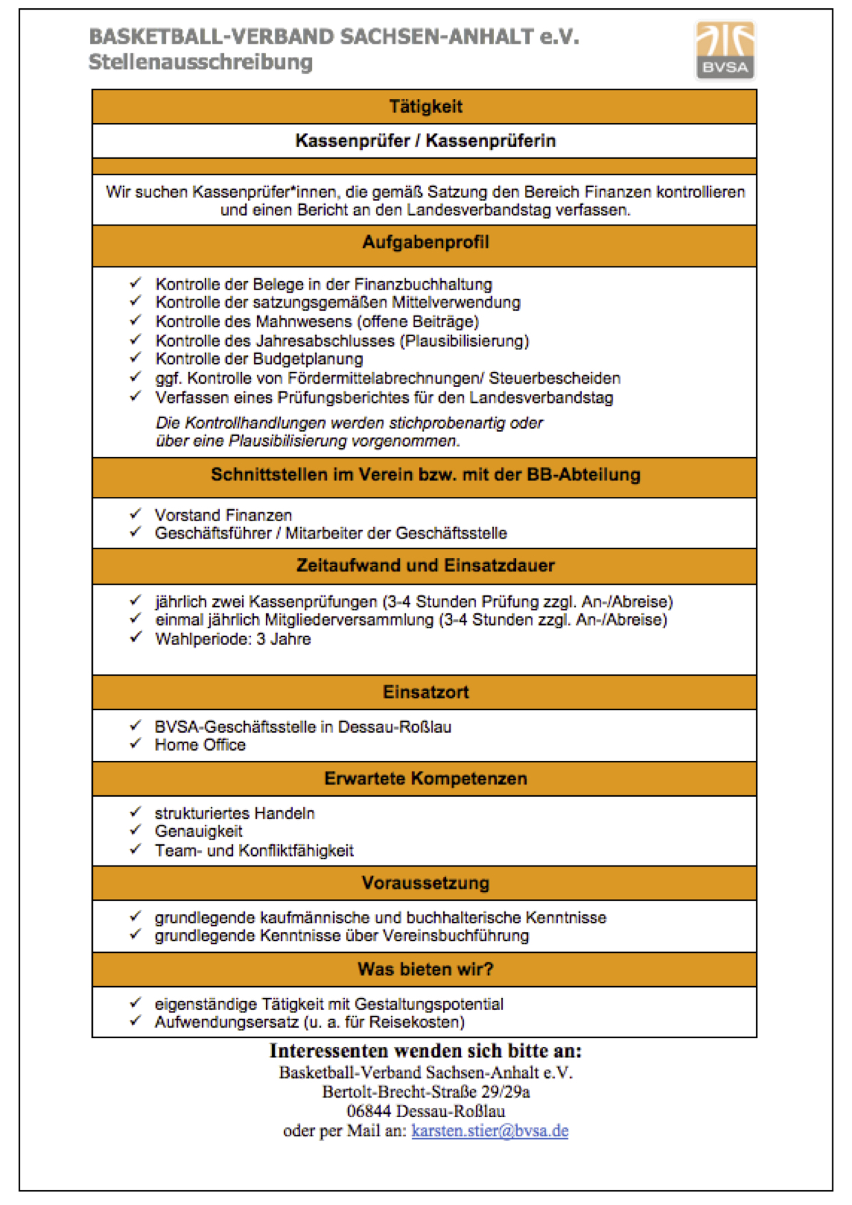 Ausschreibung Kassenprüferstelle BVSA // Layout: BVSA Ausschreibung Kassenprüferstelle BVSA // Layout: BVSA